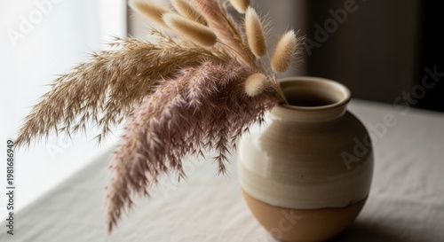 Earthy ceramic vase holding delicate dried pampas grass arrangement showcasing natural beauty