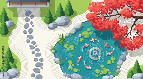 A serene japanese garden scene with a winding stone path leading to a tranquil pond filled with koi fish and lily pads under a vibrant red tree