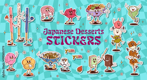 Cartoon retro groovy japanese desserts stickers pack of funny hippie asian sweet food. Cute groovy wagashi confectionery vector characters of rice cake mochi and daifuku, candy yokan, dumplings dango