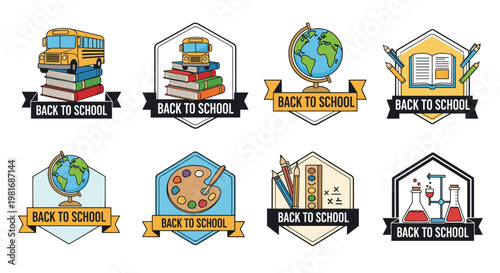 Collection of colorful back to school emblems and badges featuring icons like school buses, books, globes, and lab equipment.