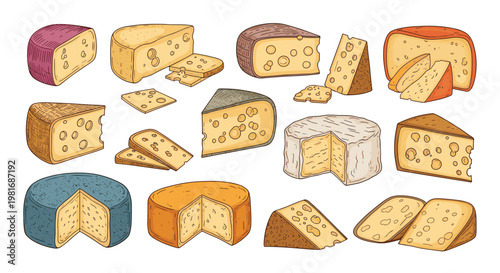 Assortment of diverse cheese varieties featuring whole blocks, wedges, and slices with different textures and natural colors.
