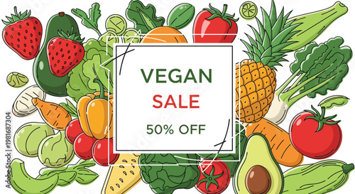 Vibrant frame of mixed fruits and vegetables featuring the text Vegan Sale 50 Percent Off for healthy food promotion.
