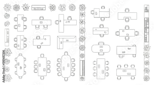 A collection of various office furniture and plant layouts in a vector format for planning and design purposes