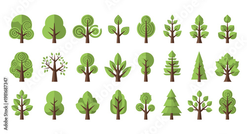 Large collection of stylized green tree icons featuring different shapes, foliage patterns, and species in a neat grid.