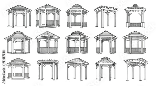 Collection of various gazebo designs and structures in black and white line art