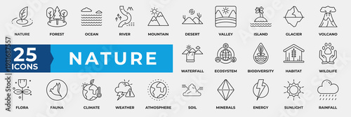 Nature Icon Set. Containing forest, ocean, river, mountain, desert, valley, island, glacier, volcano, waterfall, ecosystem, climate, habitat and more. Simple Line Icon Vector Illustration.