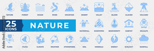 Nature Icon Set. Containing forest, ocean, river, mountain, desert, valley, island, glacier, volcano, waterfall, ecosystem, climate, habitat and more. Simple Blue Icon Vector Illustration.