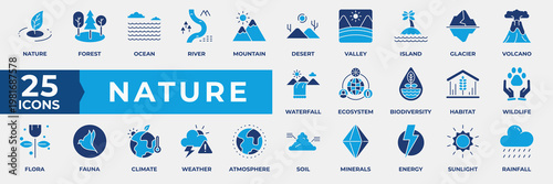 Nature Icon Set. Containing forest, ocean, river, mountain, desert, valley, island, glacier, volcano, waterfall, ecosystem, climate, habitat and more. Simple Flat Blue Icon Vector Illustration.