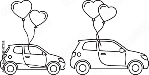 Two cars decorated with heart-shaped balloons for a celebration black and white small car automobile icon vehicle icon travel icon party icon love icon automobile transport celebration