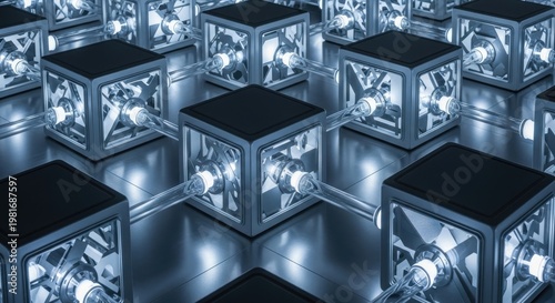 Interconnected matte gray cubic modules glowing with internal light, forming a futuristic digital network system