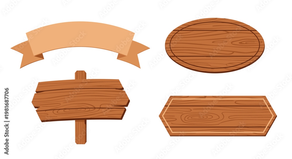 Fototapeta premium Assorted collection of wooden signs and banners featuring various shapes including a curved ribbon, oval plaque, and geometric boards.