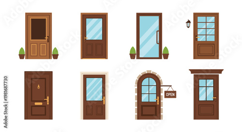 Selection of various house entrance doors featuring different architectural styles, colors, materials, and decorative elements like plants and lights.
