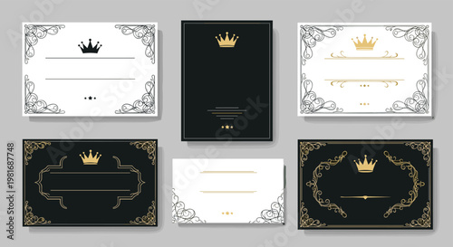 Set of luxurious certificate and greeting card templates featuring elegant black and white backgrounds with golden crown emblems and ornate frames.