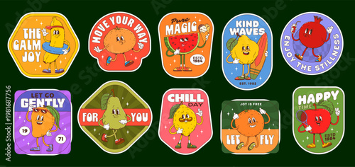 Ripe fruits hippie groovy label stickers, retro patches. Vector set of banana, orange, watermelon, pear and lemon, pomegranate, mango and apple y2k characters promoting positivity, calm and good vibes