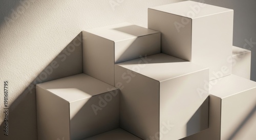 Minimalist arrangement of smooth, matte white geometric cubes creating stepped platforms with dramatic shadows