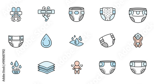 Comprehensive set of icons representing baby diapers, wetness indicators, absorbency layers, and infant hygiene care products.