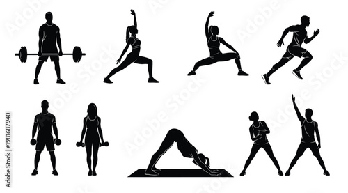 Collection of black silhouette illustrations of people engaging in various fitness activities and exercises