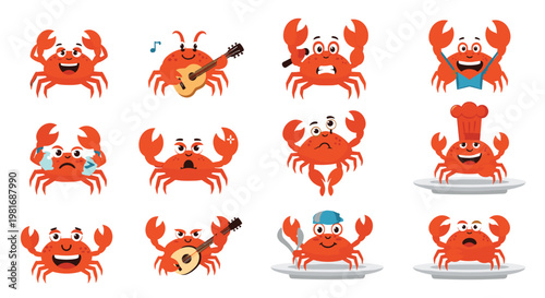 Collection of cute red crab characters showing various emotions and activities like singing, cooking, and playing musical instruments.