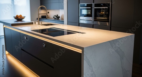 Modern Luxury Kitchen Island with Waterfall Quartz Countertop and Integrated Appliances