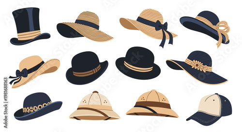 Wide variety of fashion headwear including top hats, sun hats, bowler hats, and caps for different occasions and styles.