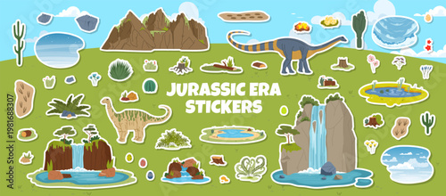 Prehistoric dinosaurs stickers pack of dinos, lush greenery, volcanic rocks, waterfalls, mountains, ponds, trees, ferns and dinosaur eggs. Cartoon vector stickers with Vulcanodon for school and game