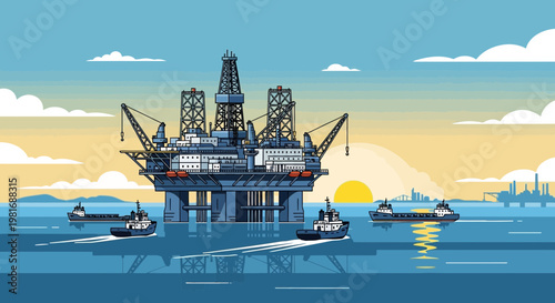 Offshore Oil Rig with Supply Ships at Sunset