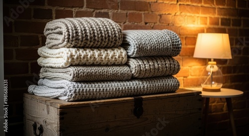 Neatly Folded Chunky Knitted Wool Blankets Displayed on Rustic Wooden Chest