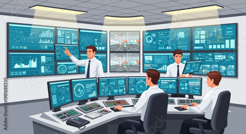 Control Room Operators Monitoring Complex Data Displays on Multiple Screens