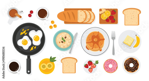 Top view of a delicious and diverse breakfast spread with pancakes, eggs, coffee, bread, fruit, and sweet treats on white.