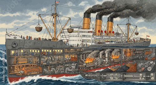 Cross-section of a vintage steamship showing engine room, passenger decks, and cargo hold