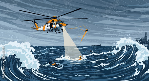 Helicopter Rescue Mission in Stormy Seas: Saving Drowning People