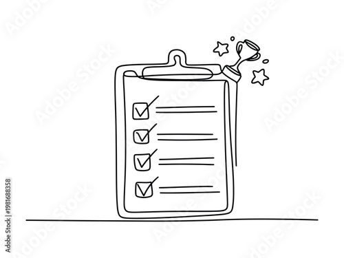Line drawing of clipboard with checked boxes and trophy winning stars on top right side