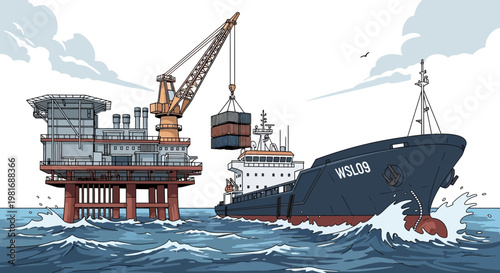 Oil Rig Platform and Cargo Ship Transferring Containers at Sea