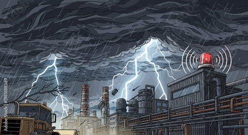 Industrial disaster: Lightning strikes factory during storm, red alarm light flashes