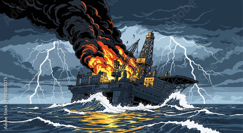 Offshore oil rig on fire during a fierce thunderstorm with lightning strikes at sea.