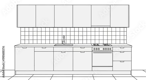 Detailed Line Drawing of a Modern Kitchen Interior with Cabinets and Appliances.