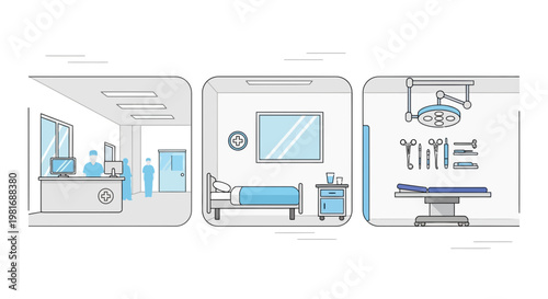 Hospital Interior Design: Reception, Patient Room, and Operating Theater Line Art