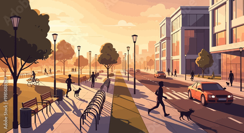 Urban park scene with people walking, jogging, and cycling at sunset