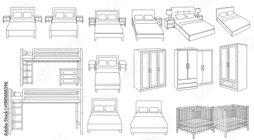 Collection of various furniture pieces including beds, wardrobes, and cribs in line drawings
