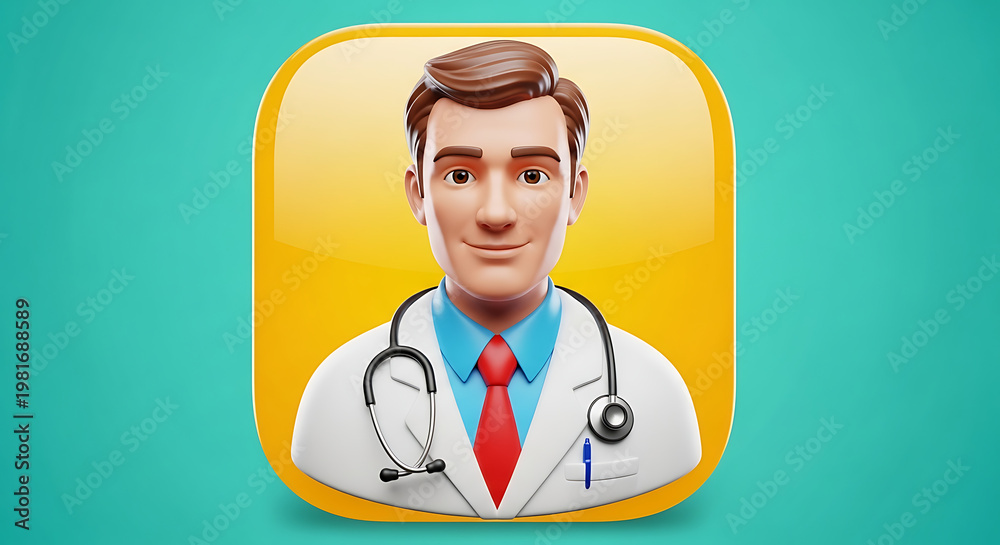 Fototapeta premium Friendly male doctor 3d character avatar wearing white lab coat and stethoscope against vibrant yellow square frame background on teal studio wall.