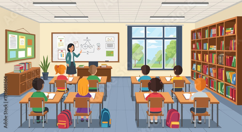 Diverse students learning in bright classroom with teacher at whiteboard and bookshelf