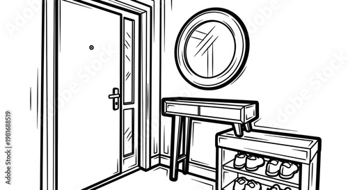 Entrance Hallway with Door Mirror and Shoe Rack.