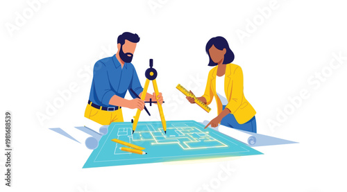 Two people working on a blueprint with a compass and ruler on a large sheet of paper
