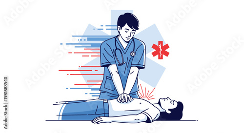 Doctor performing CPR on patient, emergency medical care illustration