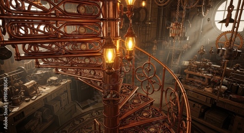 Ornate Steampunk Spiral Staircase with Glowing Lamps and Intricate Metalwork in a Victorian Interior