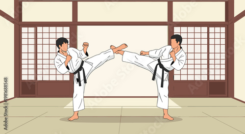 Two martial artists in white uniforms and black belts practicing dynamic karate kicks in a traditional Japanese training dojo.