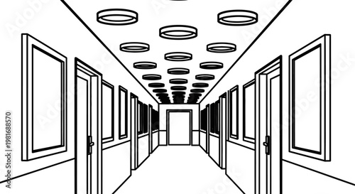 Long empty hallway with multiple doors and framed pictures.