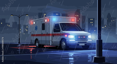 Pixel Art Ambulance Responding in Rainy City Night with Blue and Red Lights