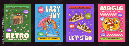 Retro groovy hippie characters posters with funny smiles in y2K cartoon vector. Groovy posters with psychedelic mushroom in emoji face, funky rainbow with umbrella and trippy retro radio character