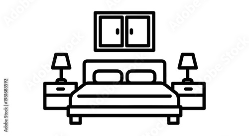 Minimalist bedroom interior with bed, nightstands, lamps, and wall decor.